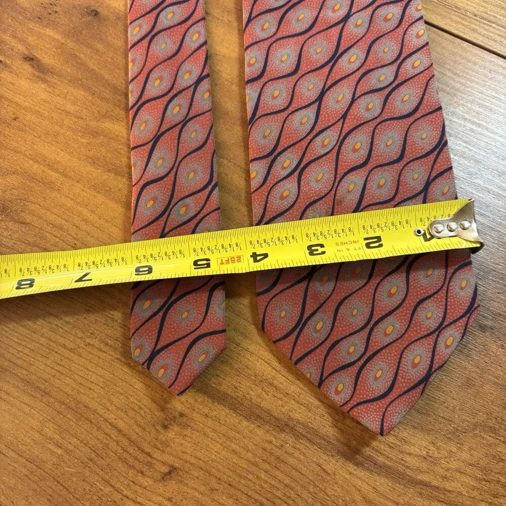 VTG Hugo Boss x Franco's Men's Necktie Coral Red Wave Geometric 100% Silk Italy